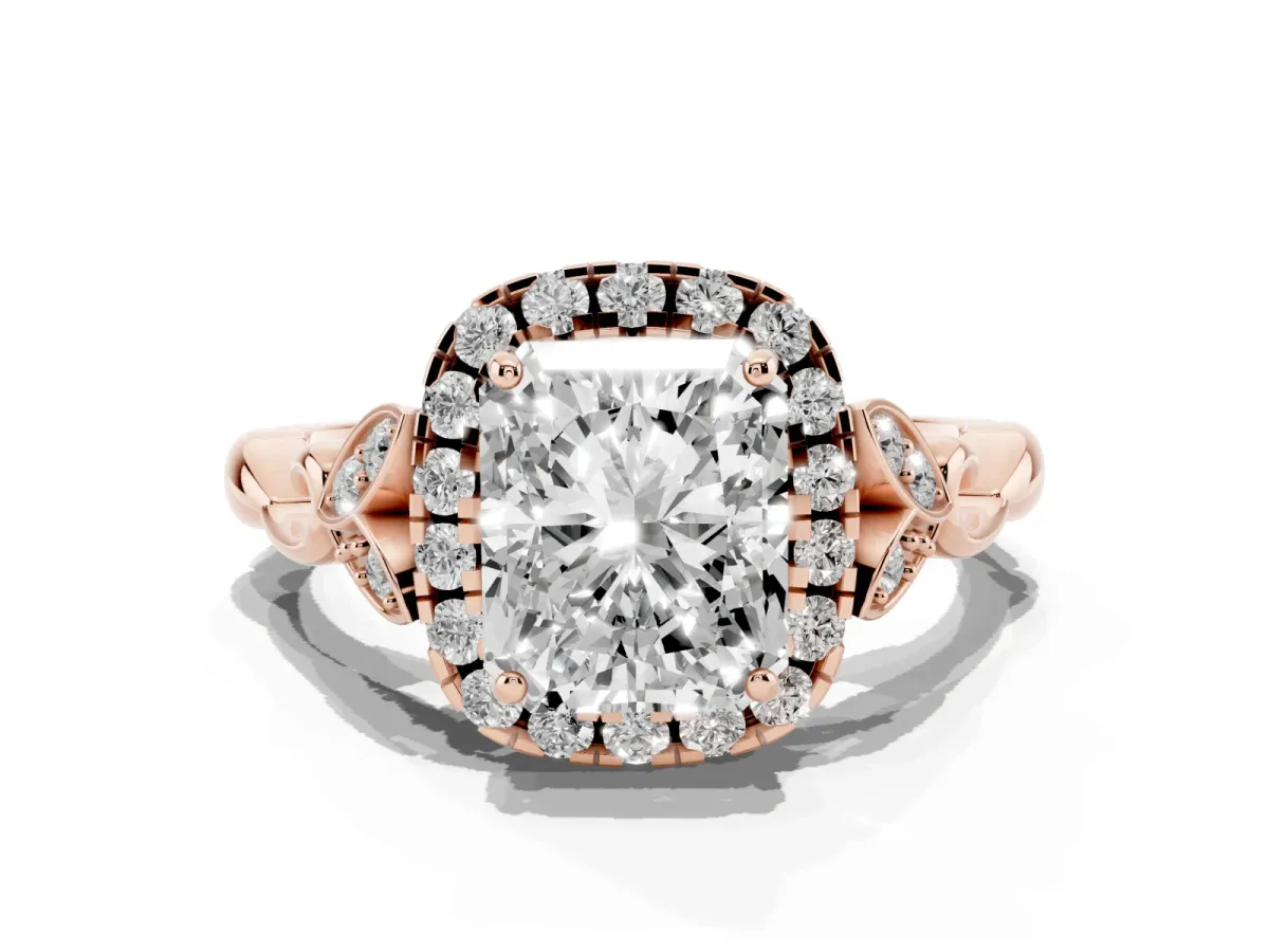 Radiant Cut Halo Diamond Engagement Ring with Vintage-Inspired Band and Four-Prong Setting Rose gold