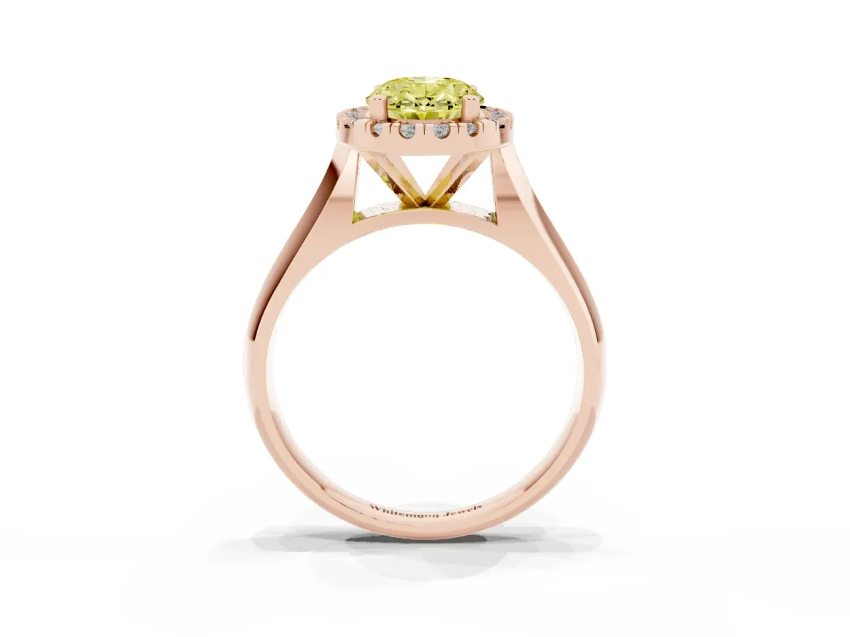 Fancy Yellow Oval Cut Cut Halo Solitaire Engagement Ring with Square Band and Four-Prong Setting Rose gold