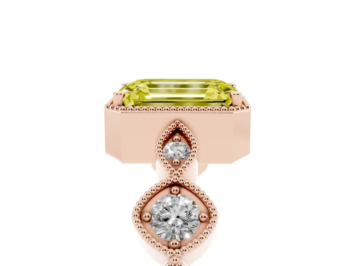 Fancy Yellow Emerald Cut Diamond Vintage Milgrain Ring with Round Stations Rose gold