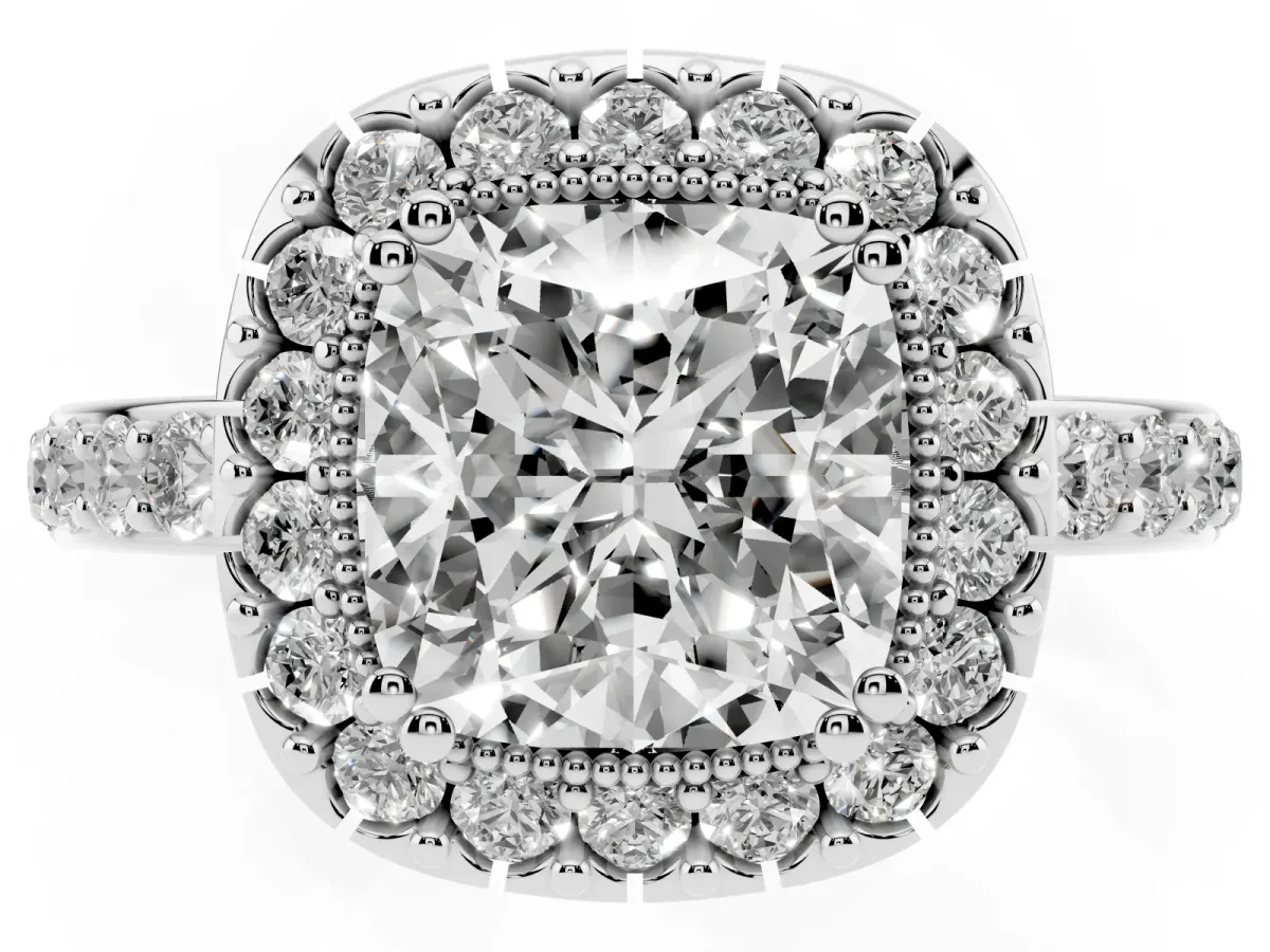 Cushion Cut Diamond Halo Ring with Pavé Band and Prong Setting Silver