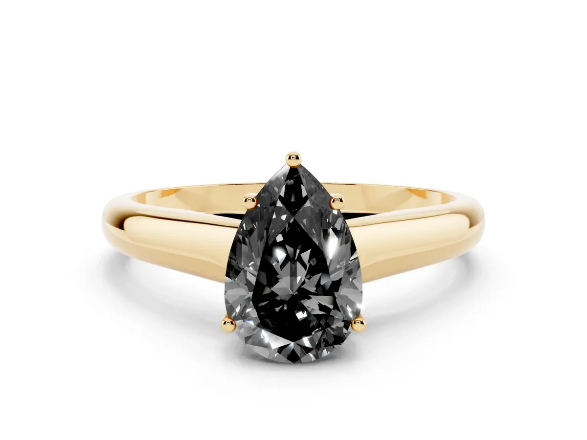 Fancy Black Pear Cut Solitaire Engagement Ring with Tapered Band and Four-Prong Setting Yellow gold