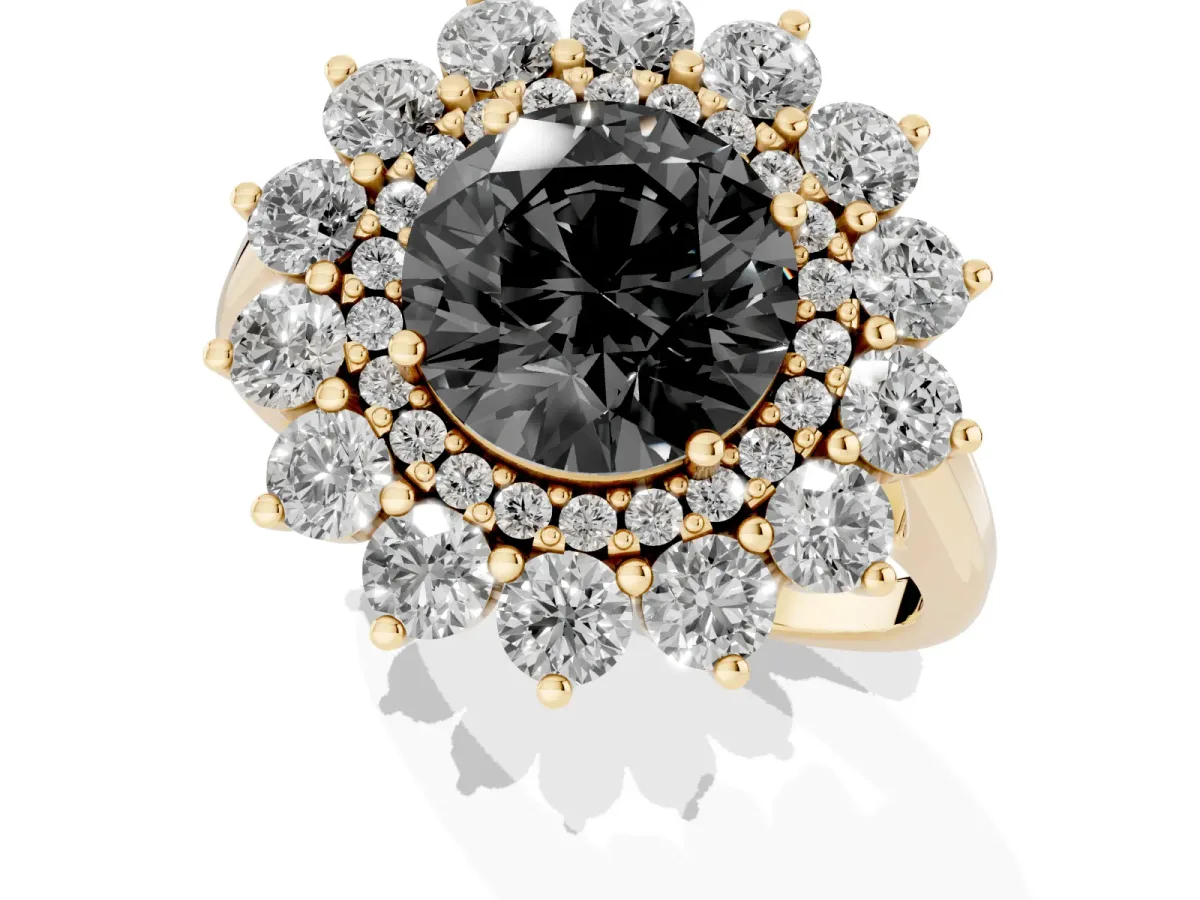 Fancy Black Round Cut Diamond Floral Double Halo Engagement Ring with Prong Setting Yellow gold