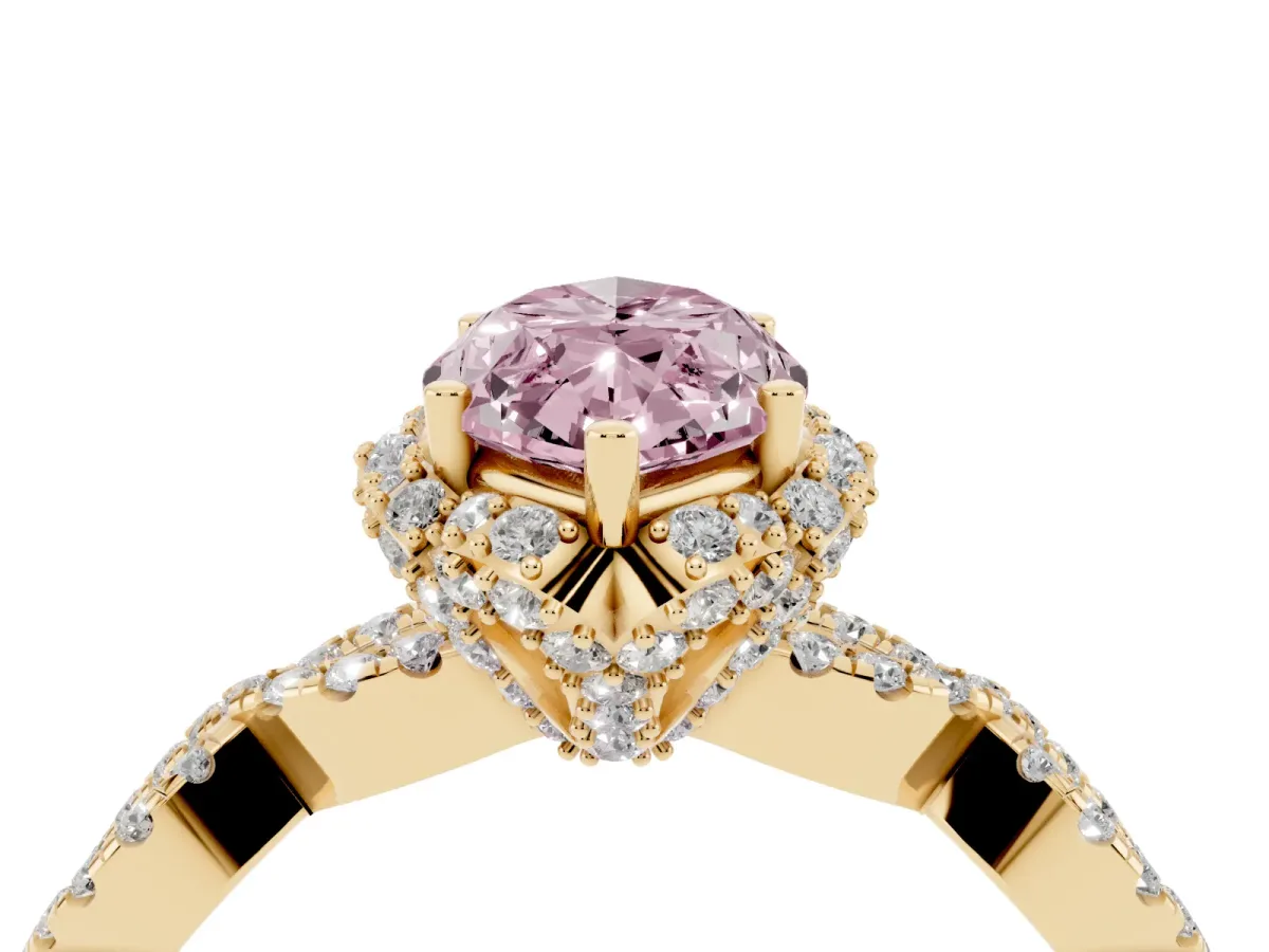 Fancy Pink Marquise Cut Halo Twist Band Solitaire Ring with Six-Prong Setting Yellow gold