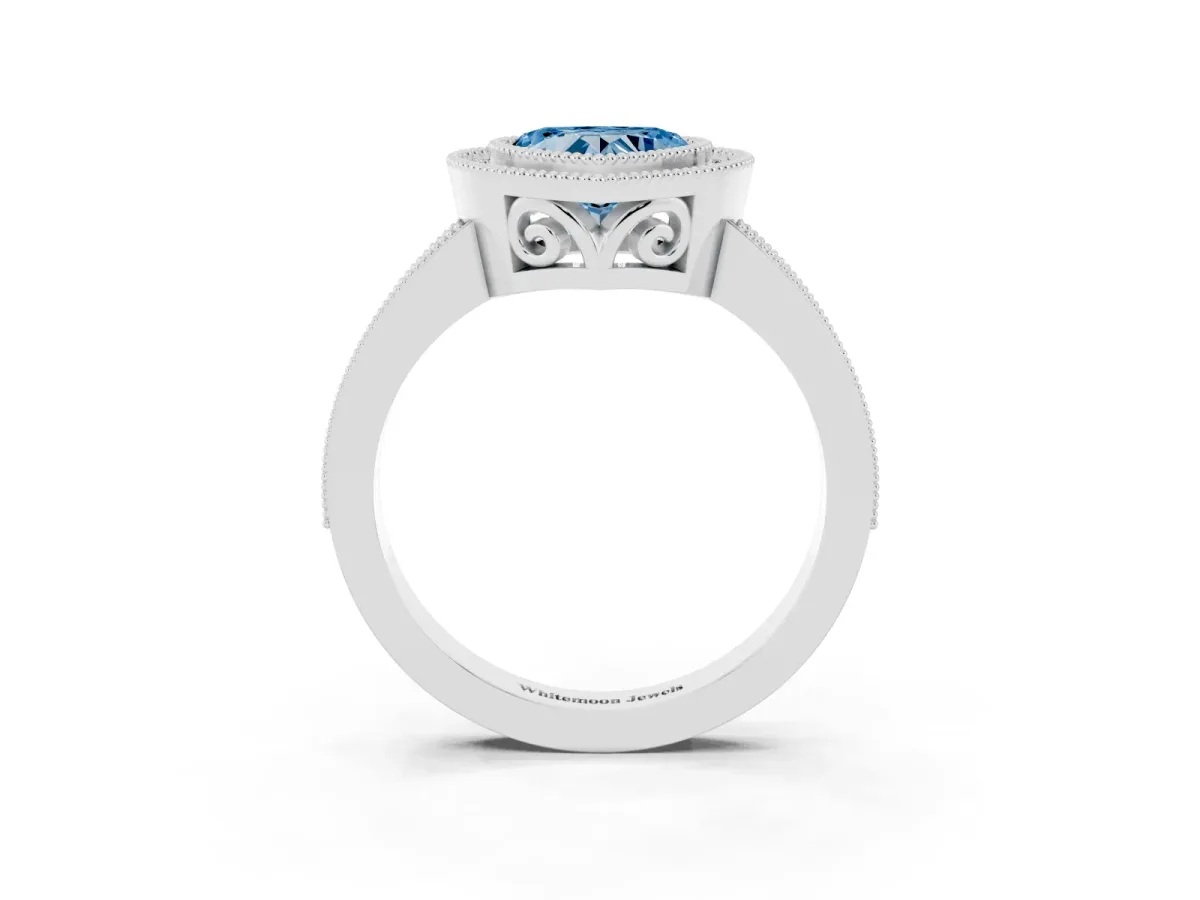 Fancy Blue Heart Cut Cut Halo Diamond Ring with Pavé Band and Milgrain Prong Setting Platinum