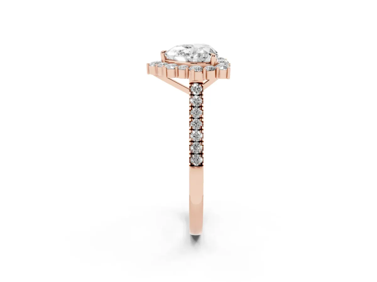Heart Cut Halo Diamond Ring with Pavé Band and Prong Setting Rose gold