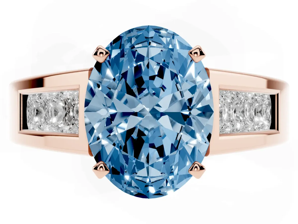 Fancy Blue Oval Cut Cut Channel Set Solitaire Ring with Four-Prong Setting Rose gold