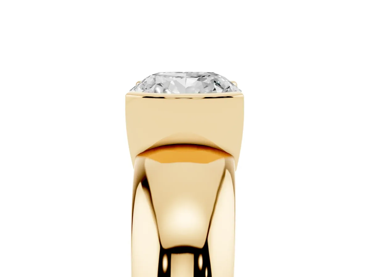 Cushion Cut Solitaire Tension Set Diamond Ring with Wide Band Yellow gold