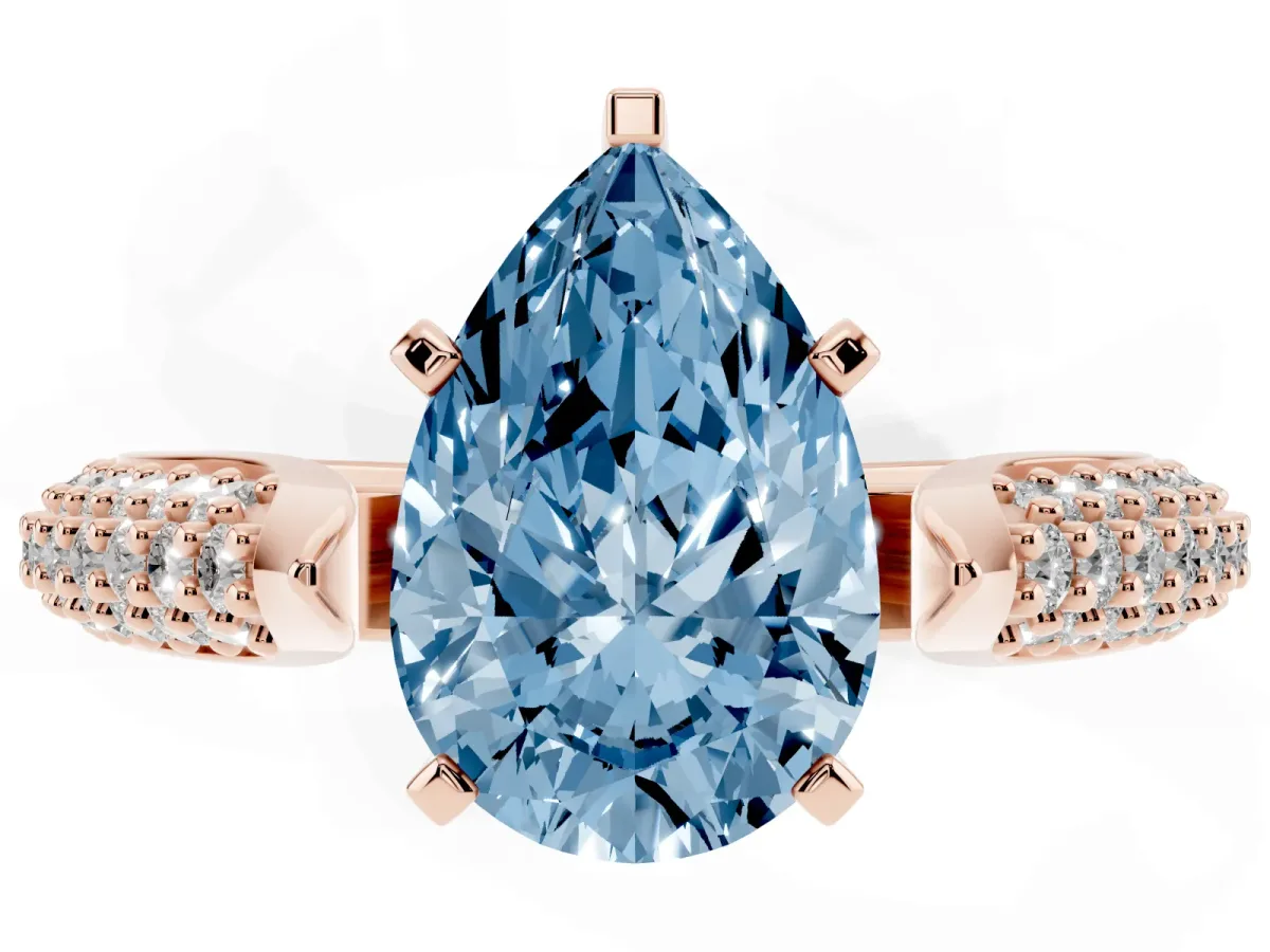 Fancy Blue Pear Cut Diamond Solitaire Engagement Ring with Multi-Row Round Pavé Band and Prong Setting Rose gold