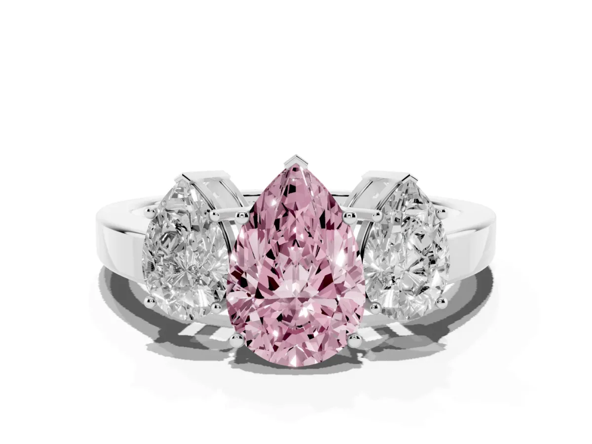 Fancy Pink Three-Stone Pear Cut Cut Diamond Engagement Ring with Flat Band and Four-Prong Setting Silver
