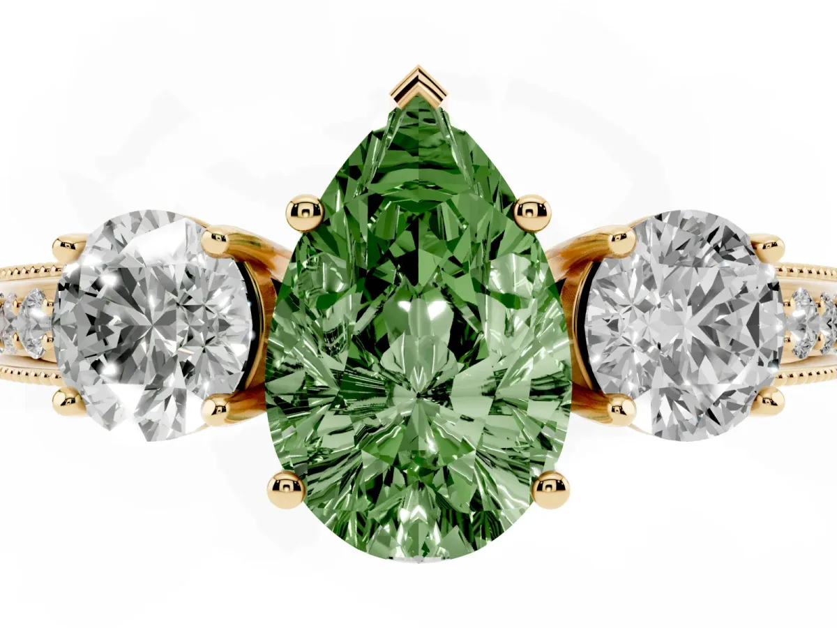 Fancy Green Pear Cut Three-Stone Diamond Ring with Pavé Band and Four-Prong Setting Yellow gold