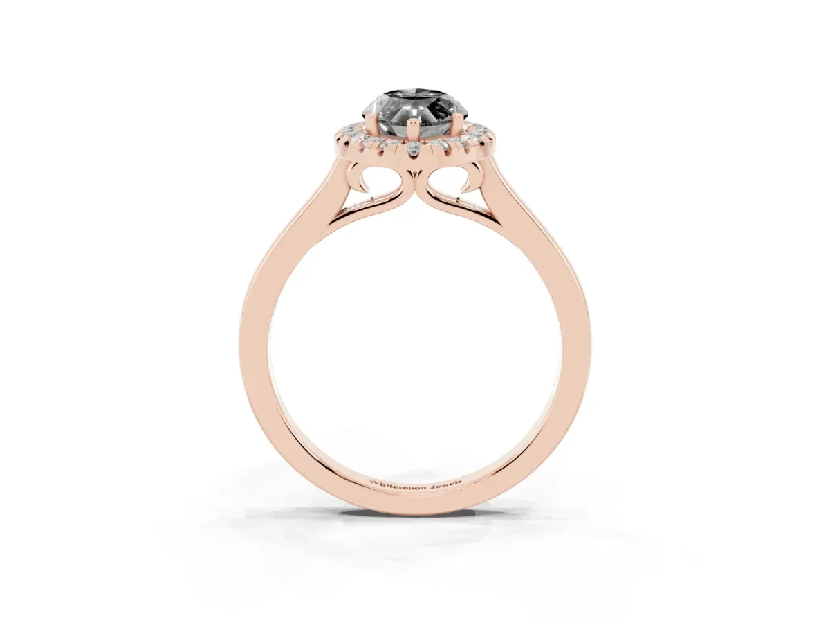 Fancy Black Marquise Cut Halo Round Diamond Solitaire Ring with Pavé Band and Four-Prong Setting Rose gold