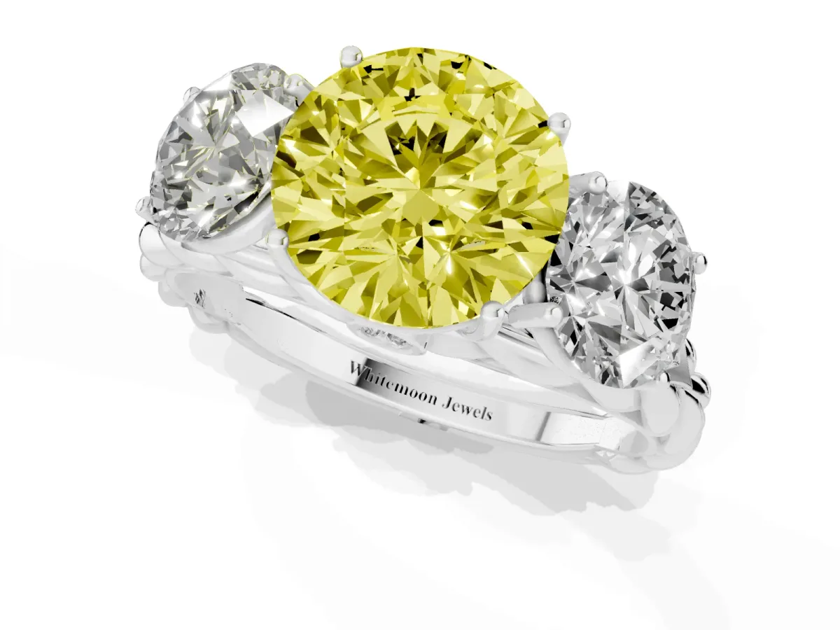 Fancy Yellow Three-Stone Round Cut Diamond Braided Band Ring with Four-Prong Setting Platinum