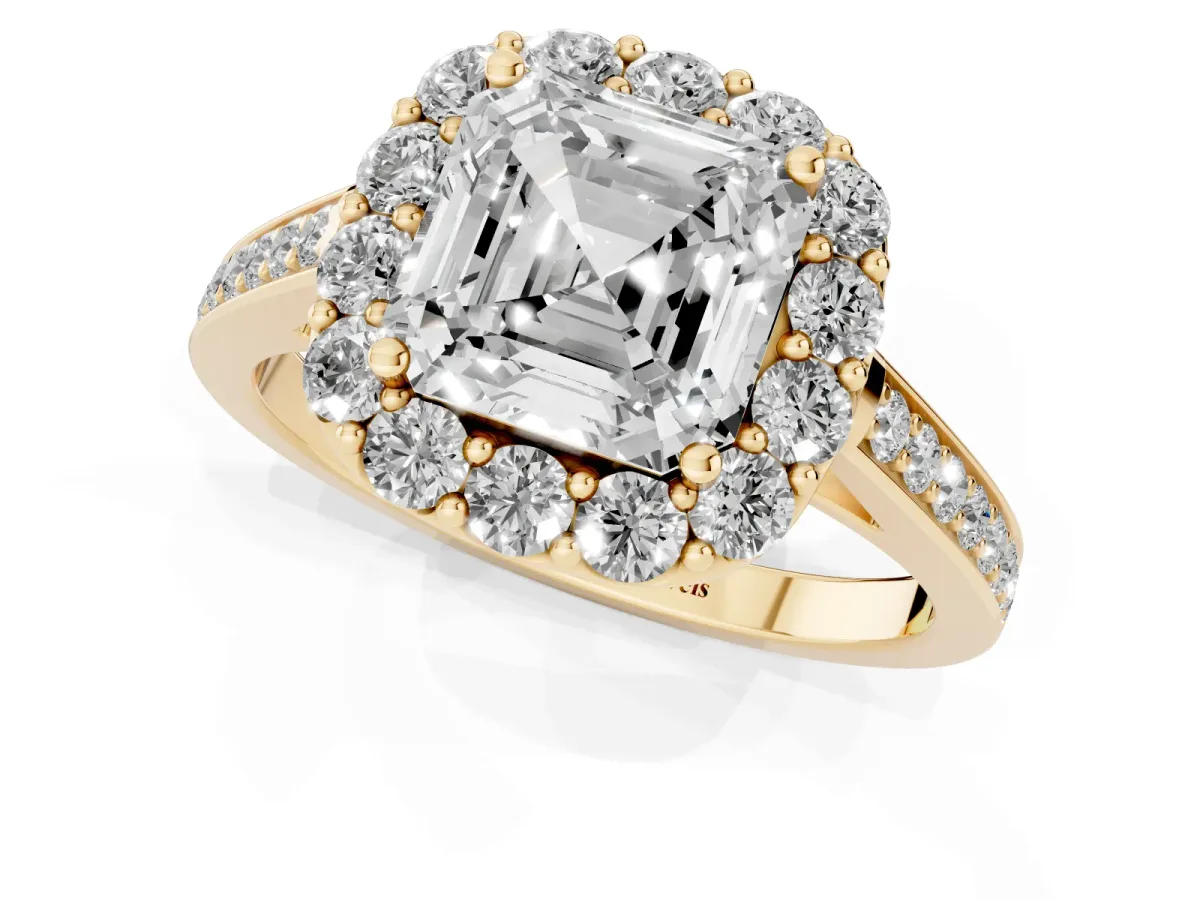 Asscher Cut Diamond Floral Halo Ring with Pavé Band and Prong Setting Yellow gold