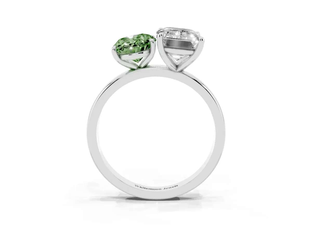 Fancy Green Oval Cut and Emerald Cut Toi Moi Ring with Prong Setting Platinum
