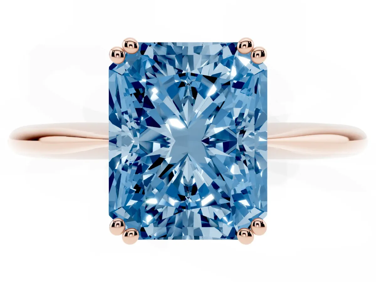 Fancy Blue Radiant Cut Solitaire Diamond Ring with Six-Prong Setting and Classic Band Rose gold