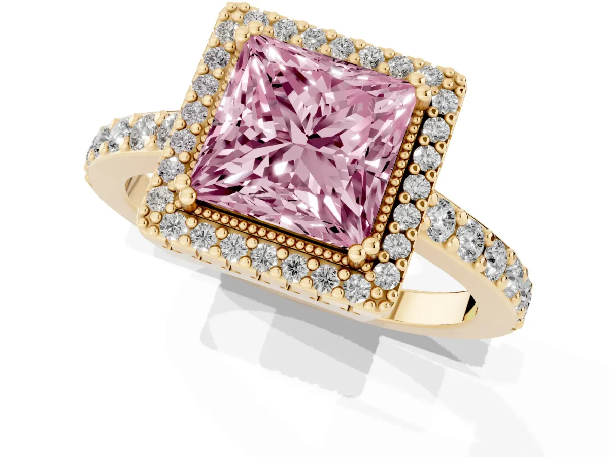 Fancy Pink Princess Cut Cut Diamond Halo Engagement Ring with Milgrain Detail and Pavé Band Yellow gold