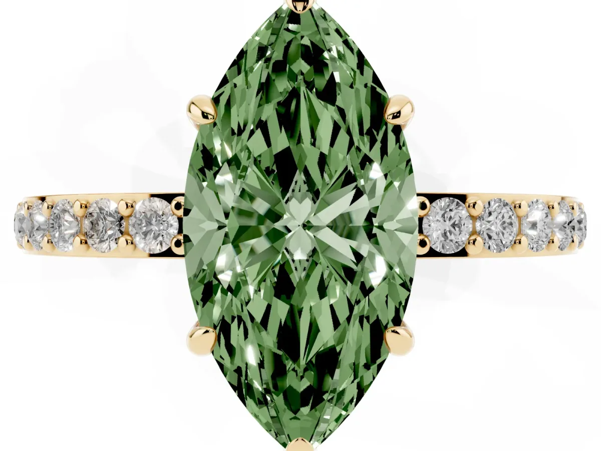 Fancy Green Marquise Cut Diamond Pavé Engagement Ring with Round Accents and Prong Setting Yellow gold