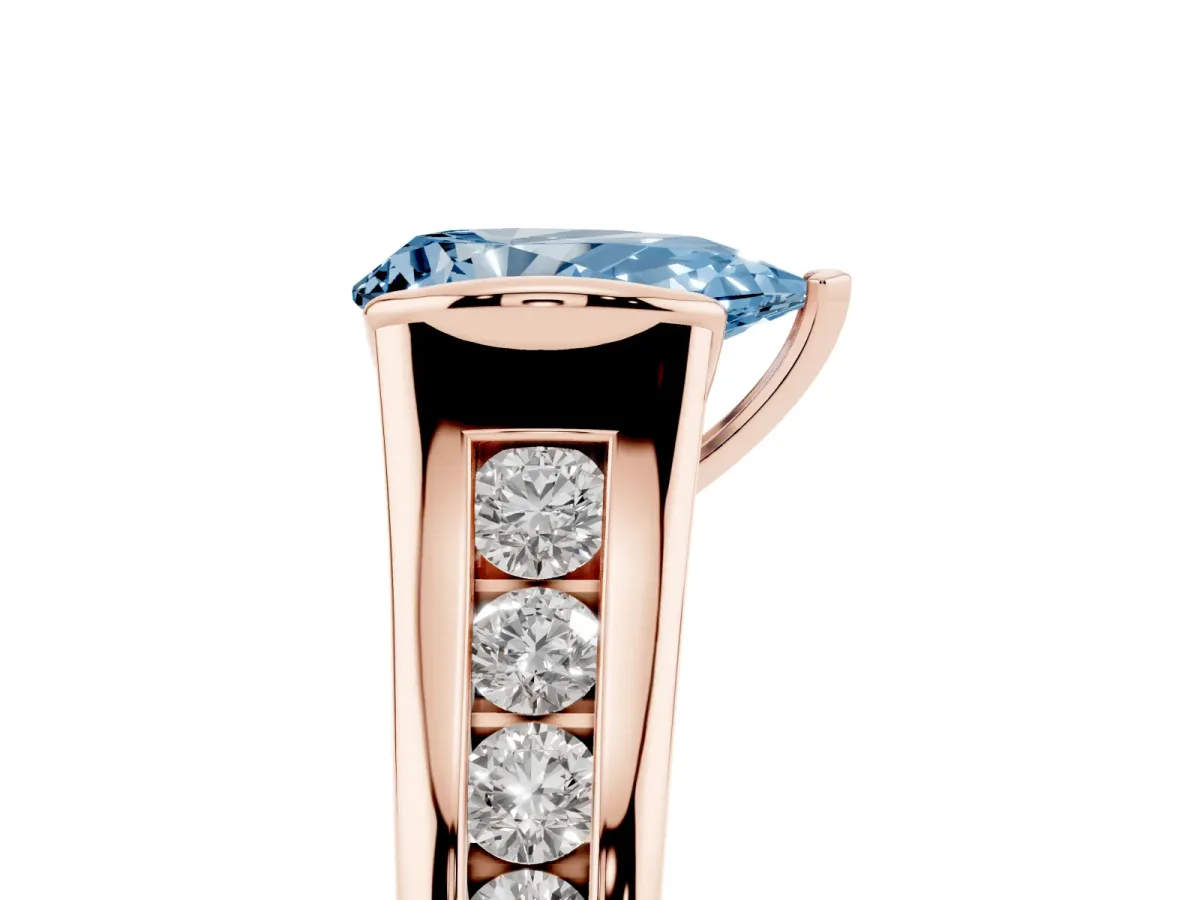 Fancy Blue Pear Cut Solitaire Bezel-Set Diamond Ring with Channel-Set Band Rose gold