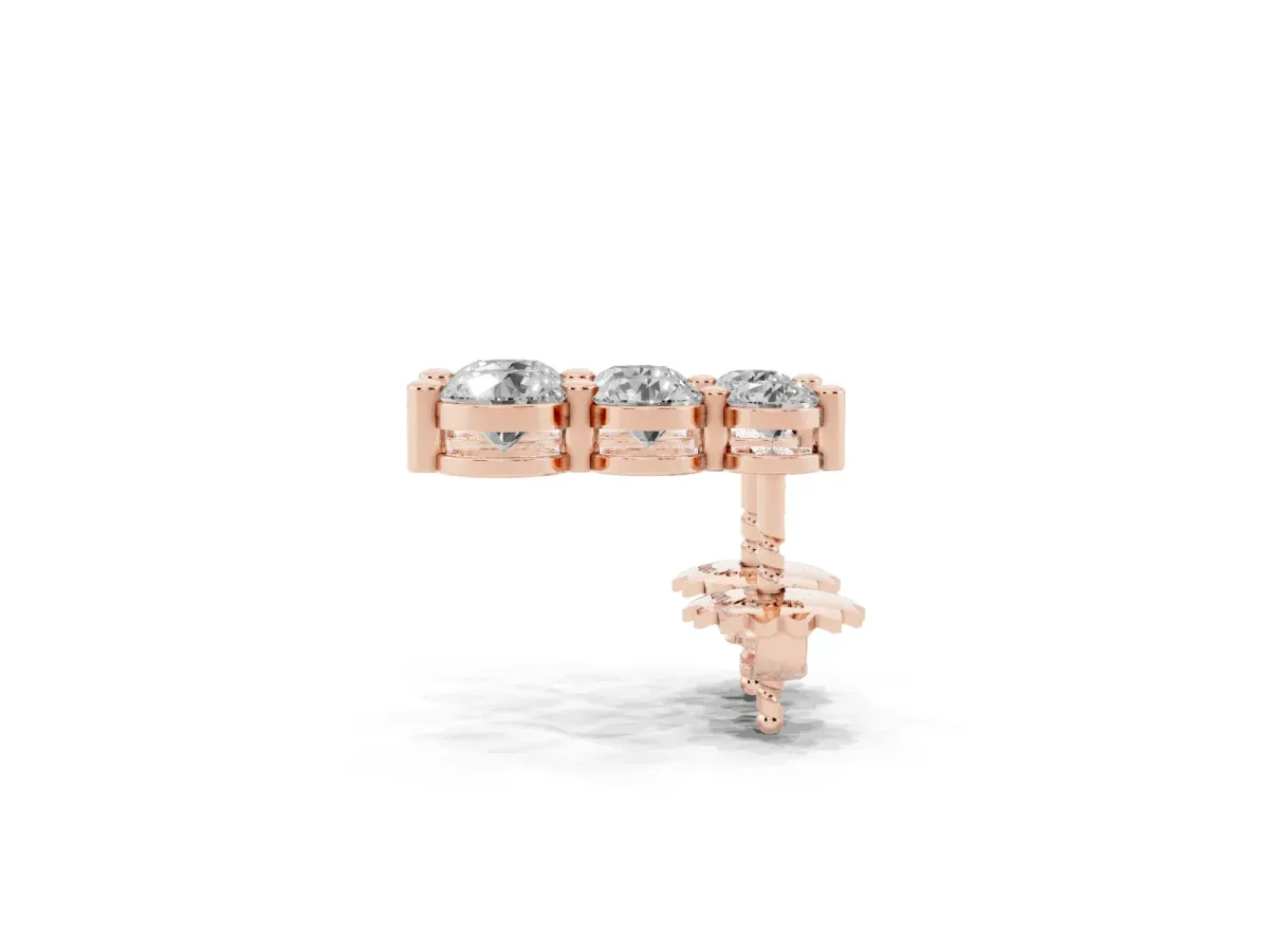 Three-Stone Round Diamond Drop Earrings with Prong Setting on White Gold Rose gold