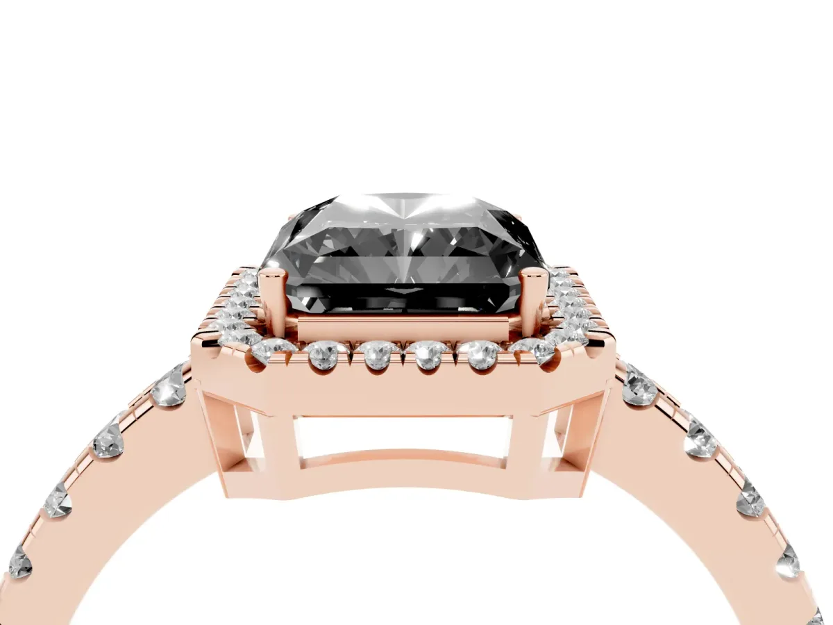 Fancy Black Radiant Cut Diamond Halo Ring with Pavé Band and Four-Prong Setting Rose gold