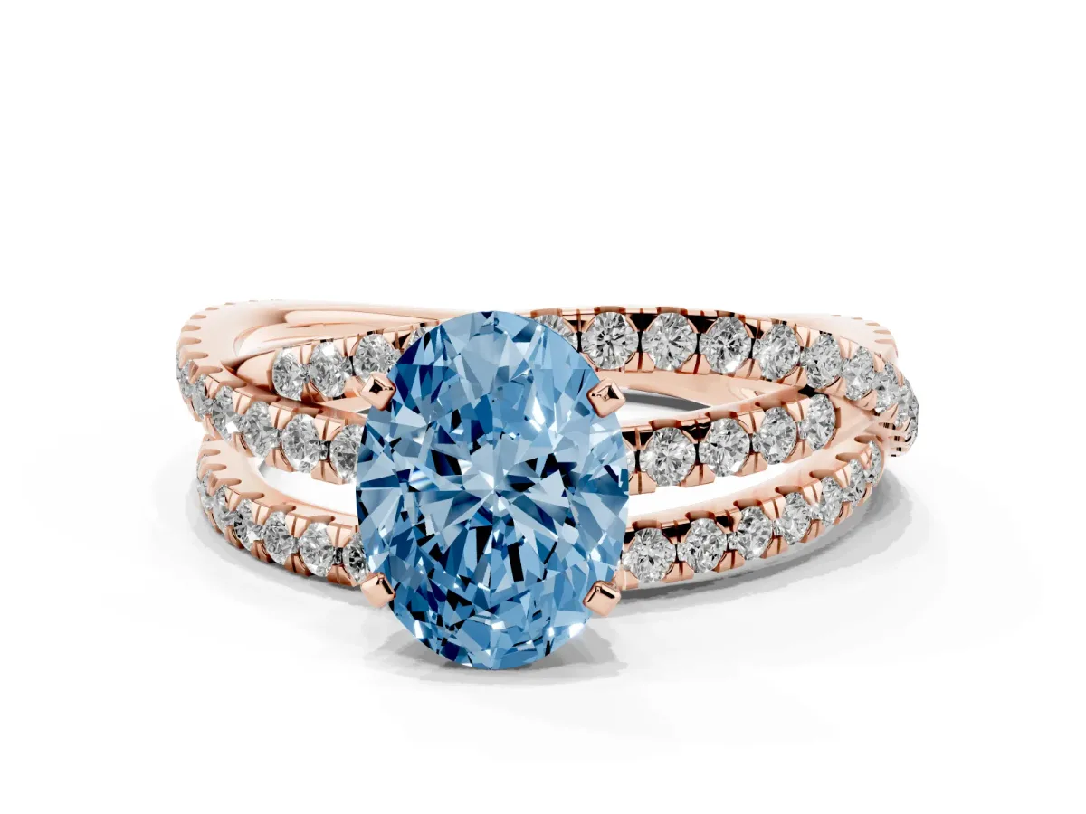 Fancy Blue Oval Cut Solitaire Twist Band with Pavé Setting and Four-Prong Setting Rose gold