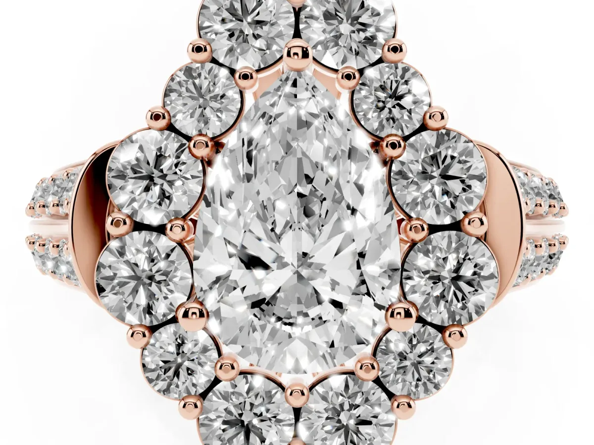 Pear Cut Halo Diamond Engagement Ring with Split Shank and Prong Setting Rose gold