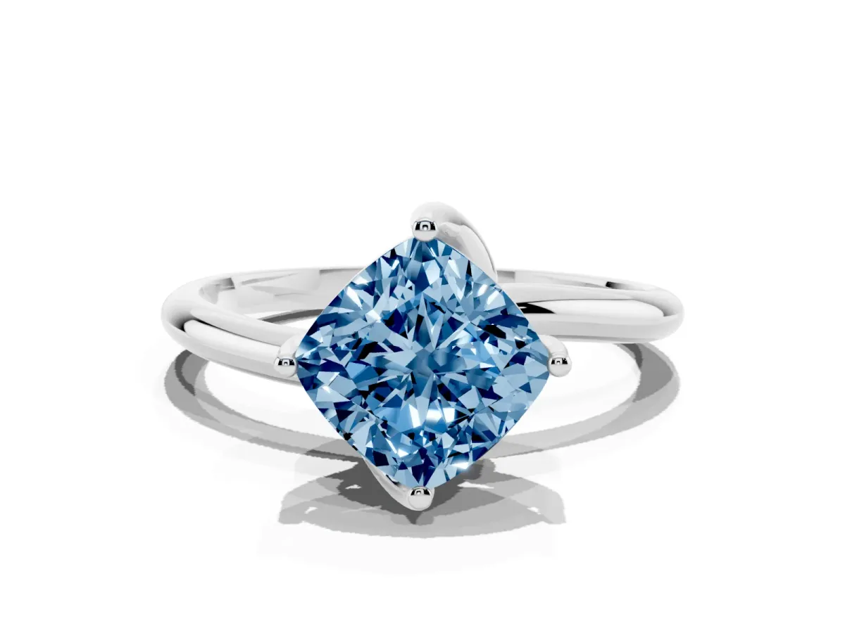 Fancy Blue Cushion Cut Diamond Solitaire Engagement Ring with Four-Prong Setting and Classic Band Silver
