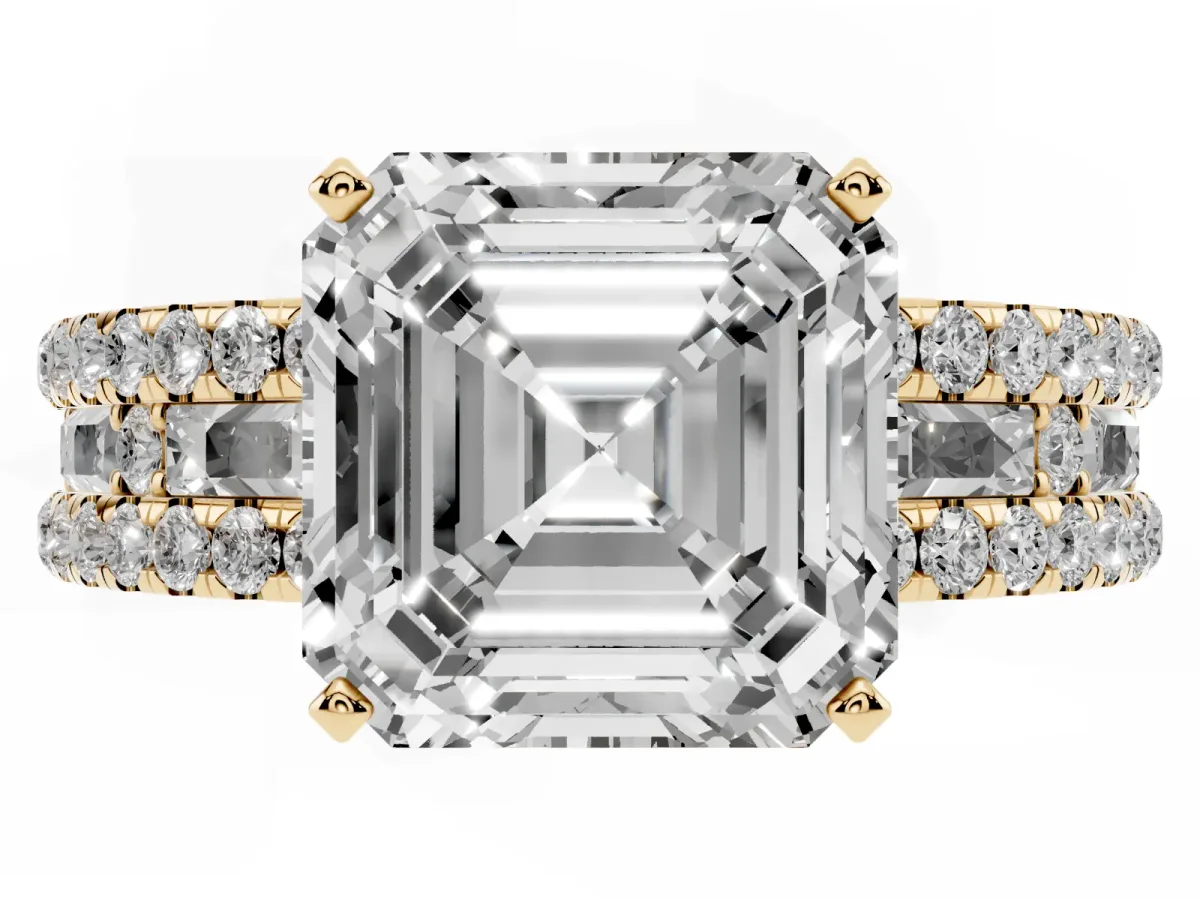 Asscher Cut Diamond Solitaire Ring with Pavé and Channel Set Band Yellow gold