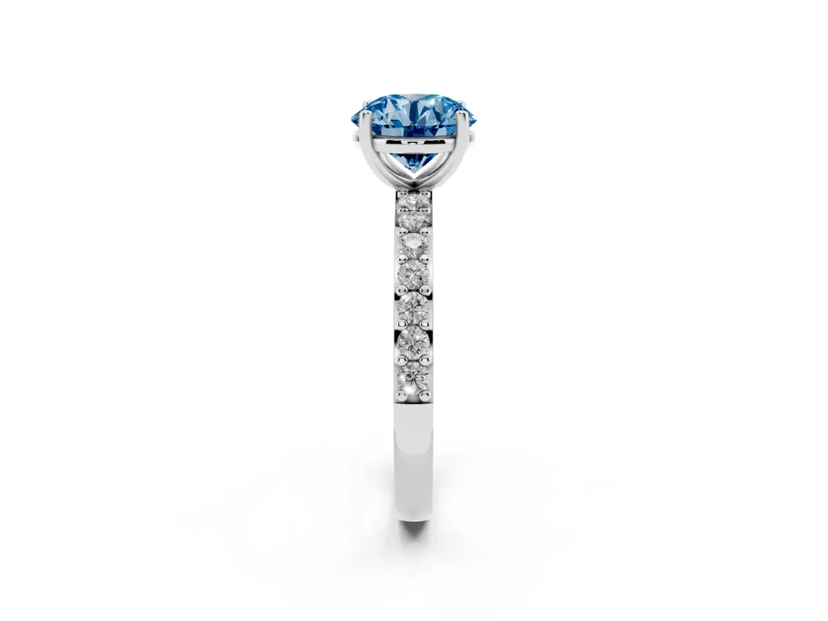 Fancy Blue Round Cut Cut Diamond Solitaire with Pave Band and Four-Prong Setting Silver