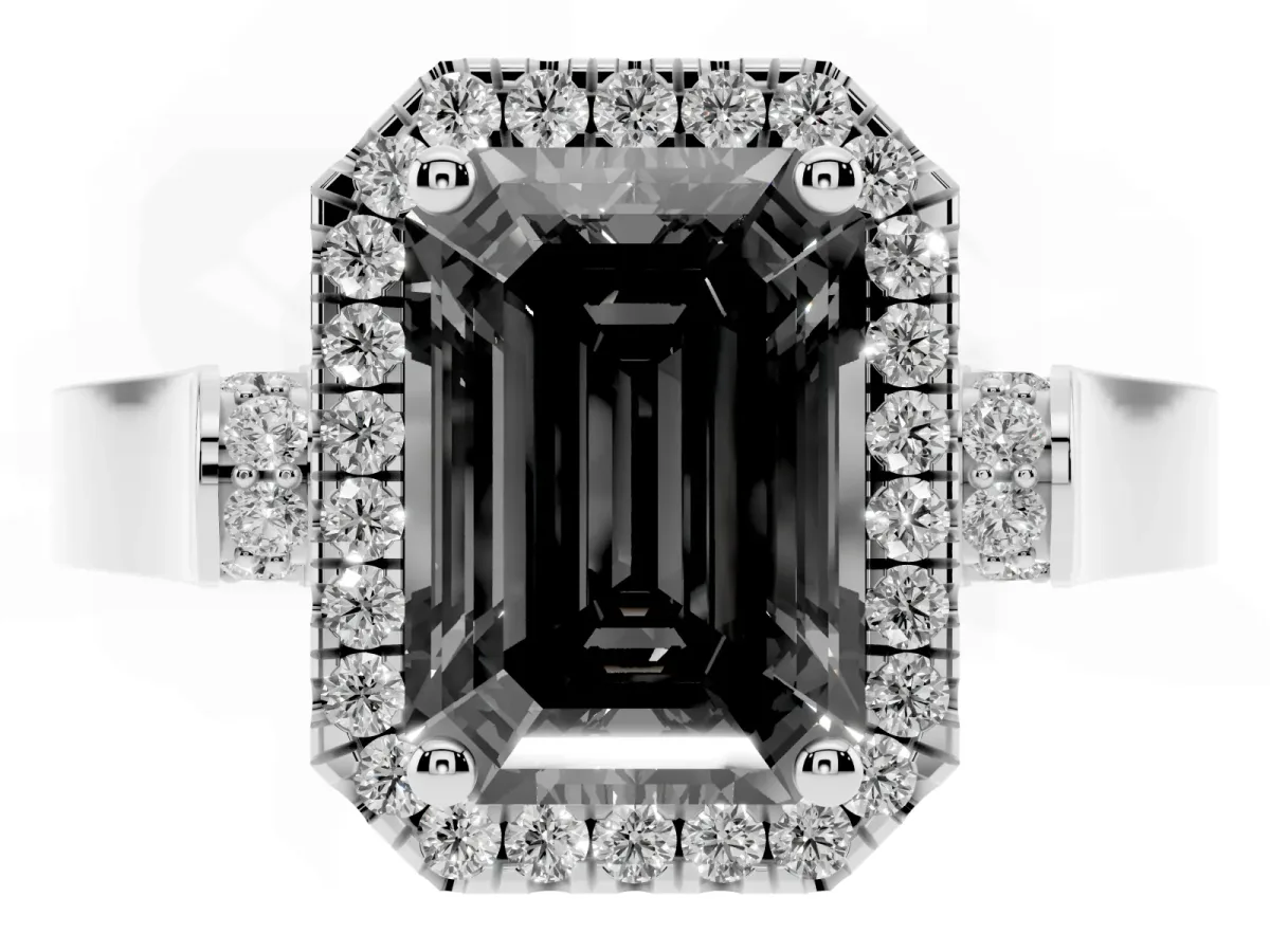 Fancy Black Emerald Cut Halo Round Diamond Twist Band with Four-Prong Setting Silver
