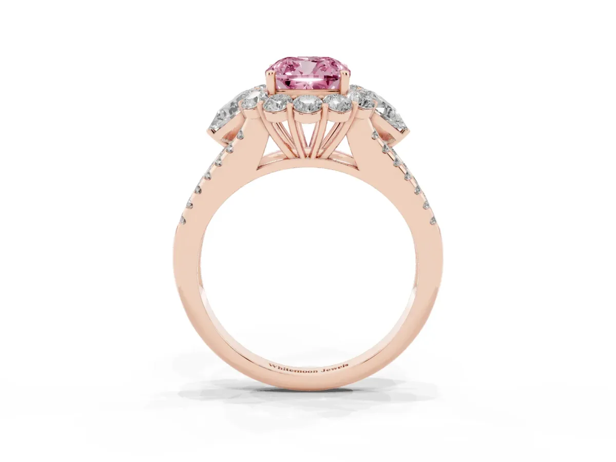 Fancy Pink Cushion Cut Halo Split Shank Diamond Engagement Ring with Prong Setting Rose gold