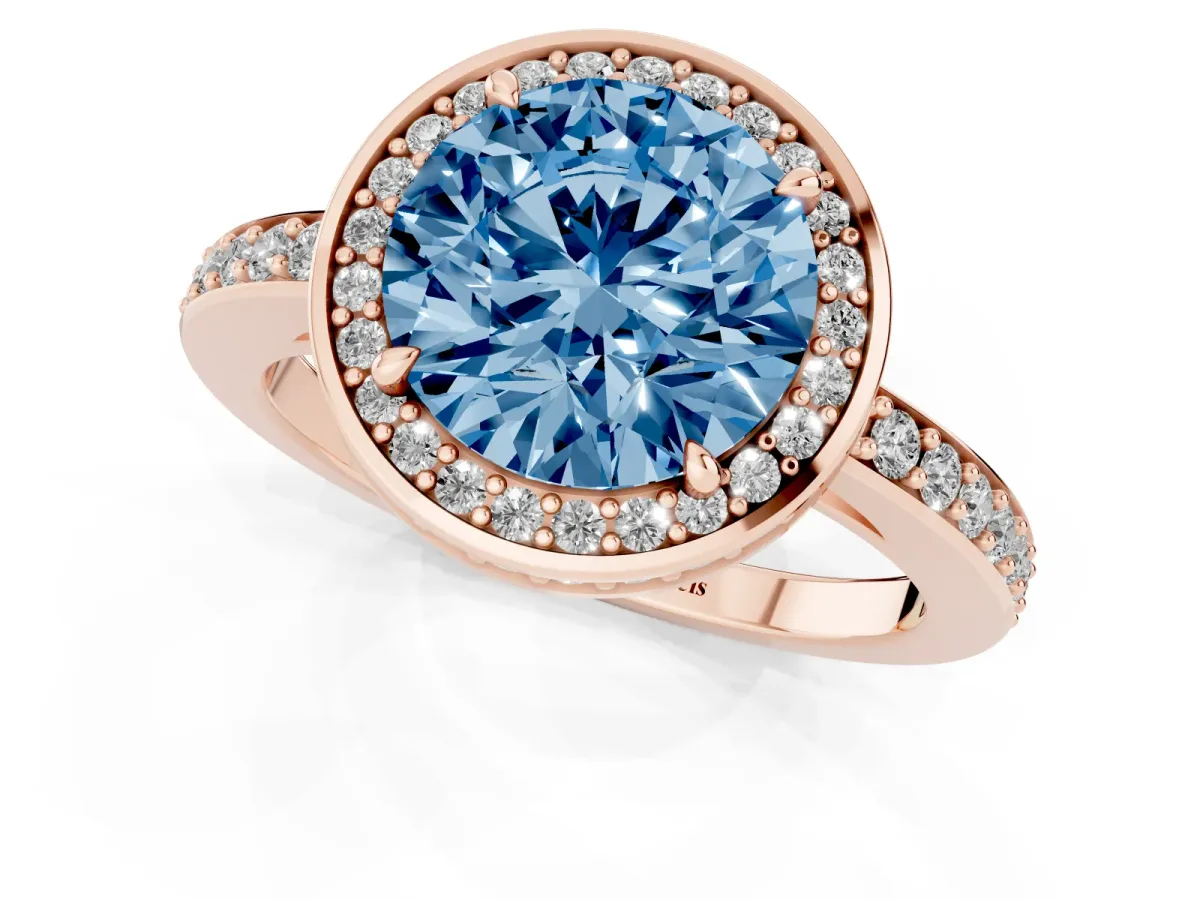 Fancy Blue Round Cut Halo Pave Band Solitaire Ring with Prong Setting Rose gold