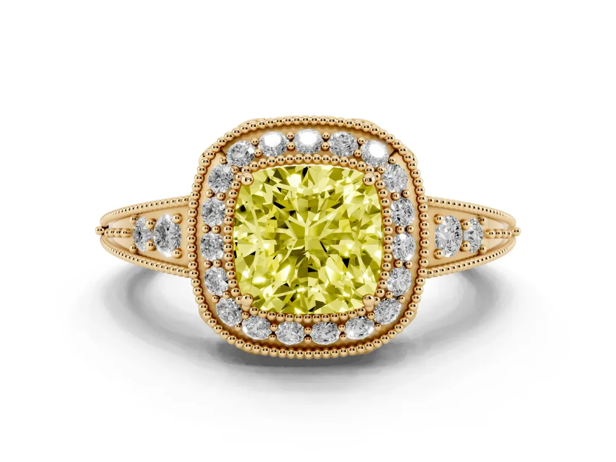 Fancy Yellow Cushion Cut Halo Diamond Split Shank Ring with Milgrain Detail Yellow gold