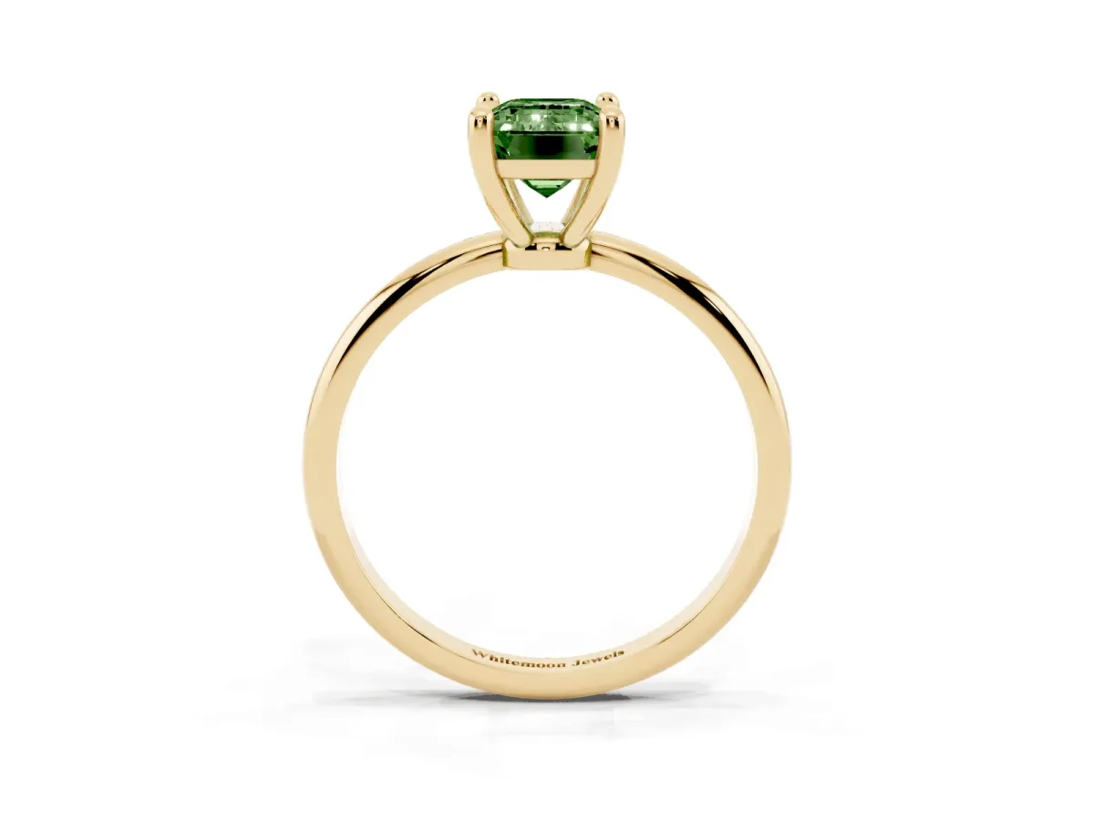 Fancy Green Emerald Cut Solitaire Diamond Ring with 4-Prong Setting on a Classic Band Yellow gold