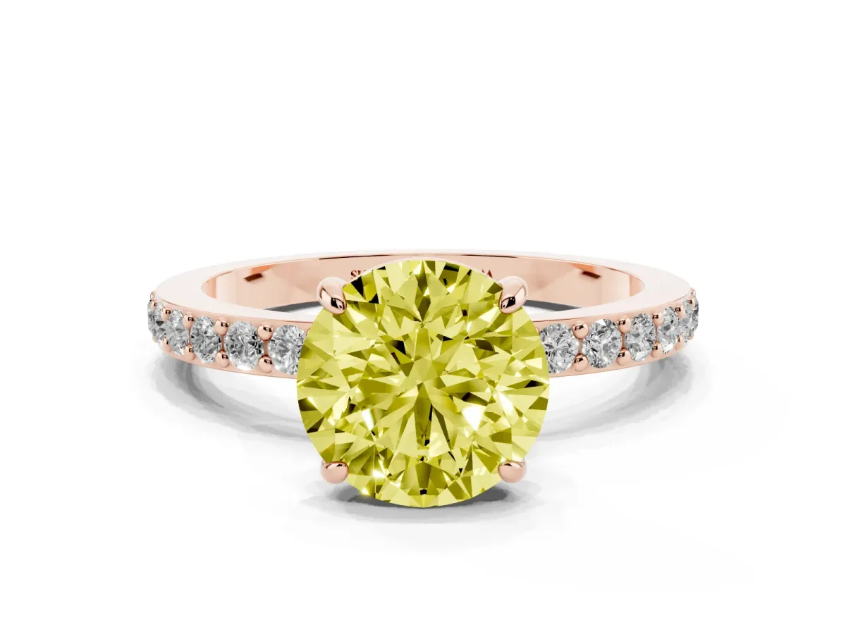 Fancy Yellow Round Cut Diamond Pavé Engagement Ring with Round Accents and Prong Setting Rose gold