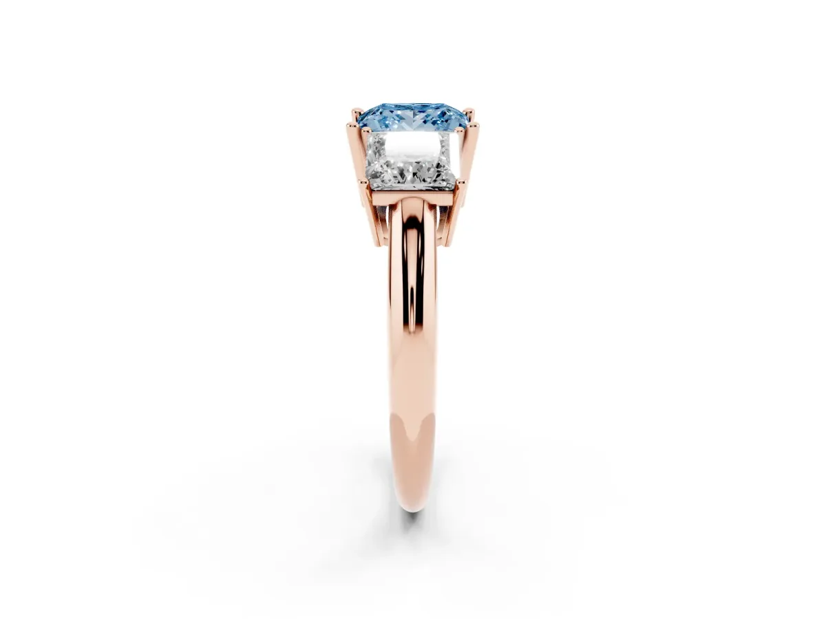 Fancy Blue Three-Stone Princess Cut Cut Diamond Engagement Ring with Prong Setting on a White Gold Band Rose gold