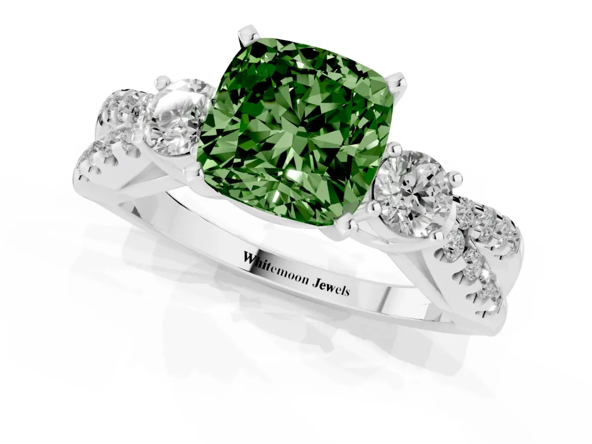 Fancy Green Cushion Cut Diamond Three-Stone Ring with Pavé Split Shank and Four-Prong Setting Platinum