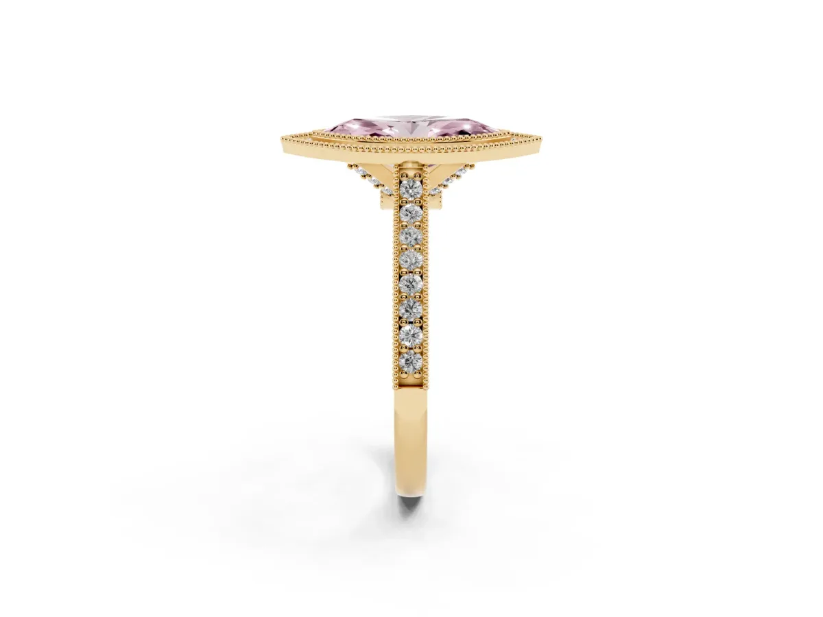 Fancy Pink Halo Marquise Cut-Cut Diamond Pave Band Milgrain Prong Setting Ring Yellow gold