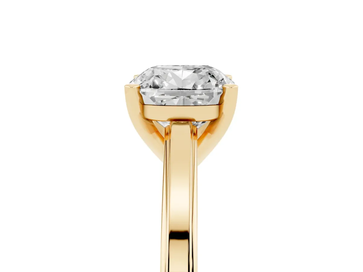 Cushion Cut Solitaire Diamond Ring with Four-Prong Setting and Classic Band Yellow gold