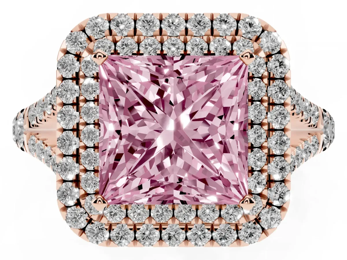 Fancy Pink Princess Cut Diamond Double Halo Ring with Split Shank and Prong Setting Rose gold