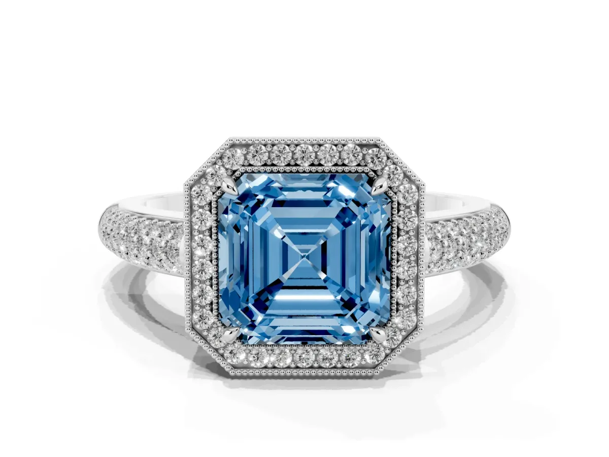 Fancy Blue Asscher Cut Cut Halo Diamond Pave Band with Four-Prong Setting Platinum