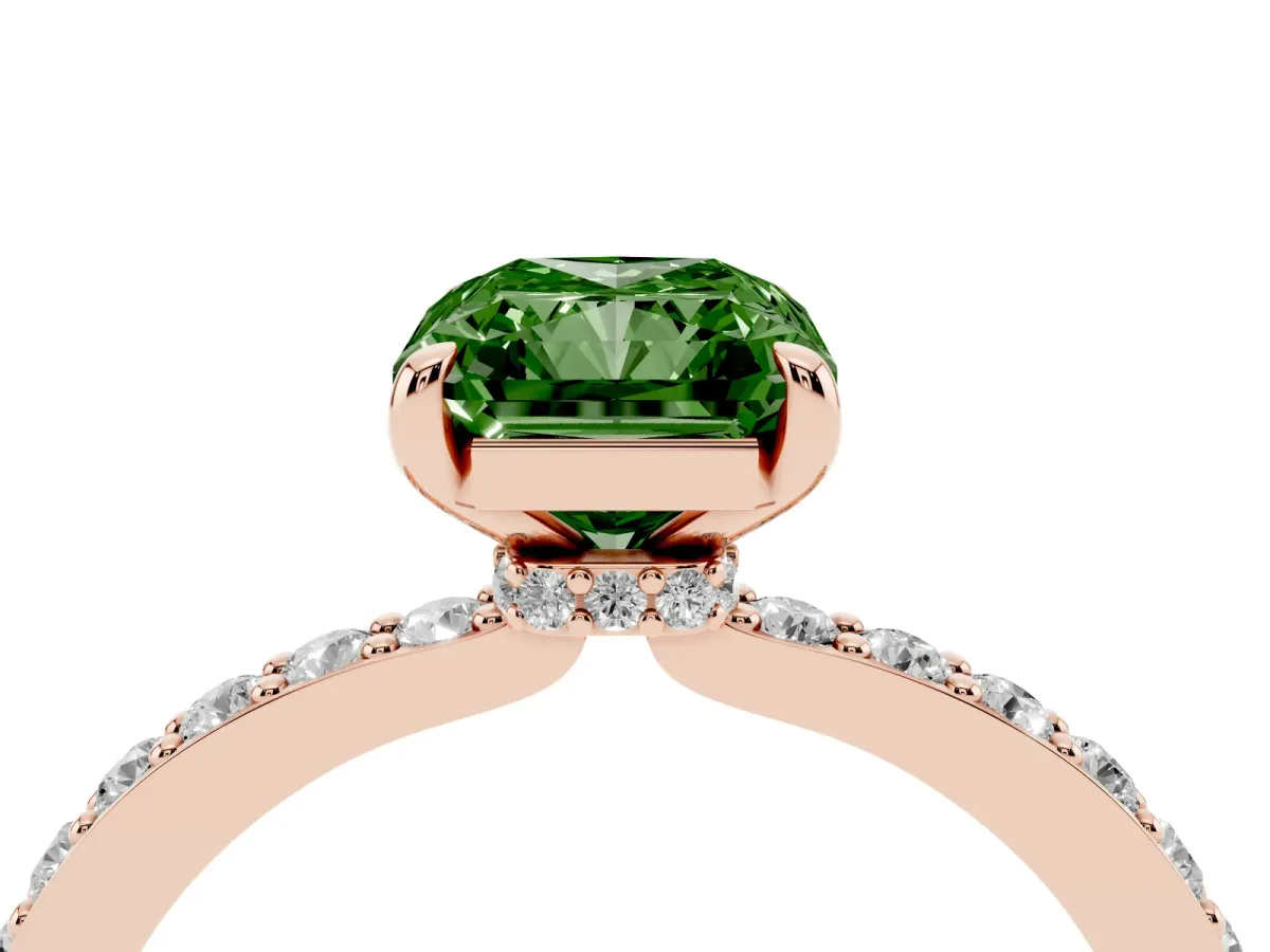 Fancy Green Radiant Cut Diamond Pavé Engagement Ring with Round Accents and Prong Setting Rose gold