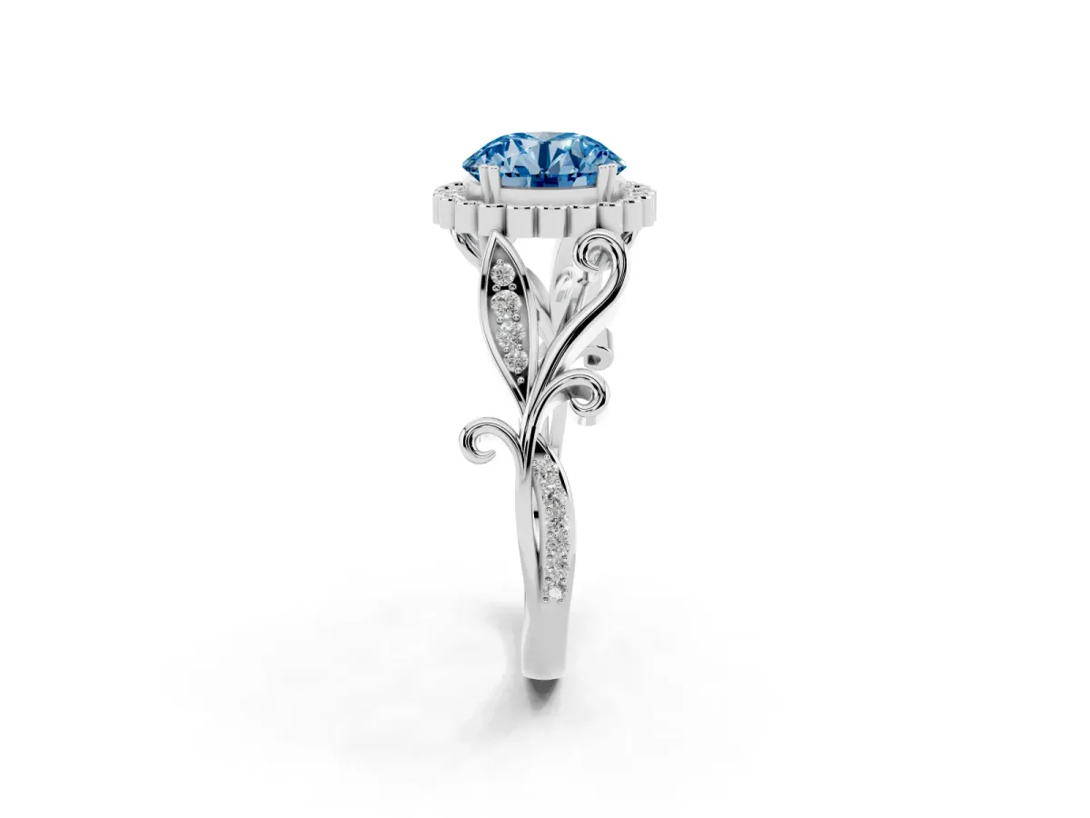 Fancy Blue Round Cut Diamond Halo Ring with Vintage Split Shank and Four-Prong Setting Silver