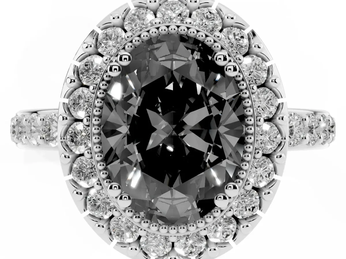 Fancy Black Oval Cut Diamond Halo Ring with Pavé Band and Prong Setting White gold
