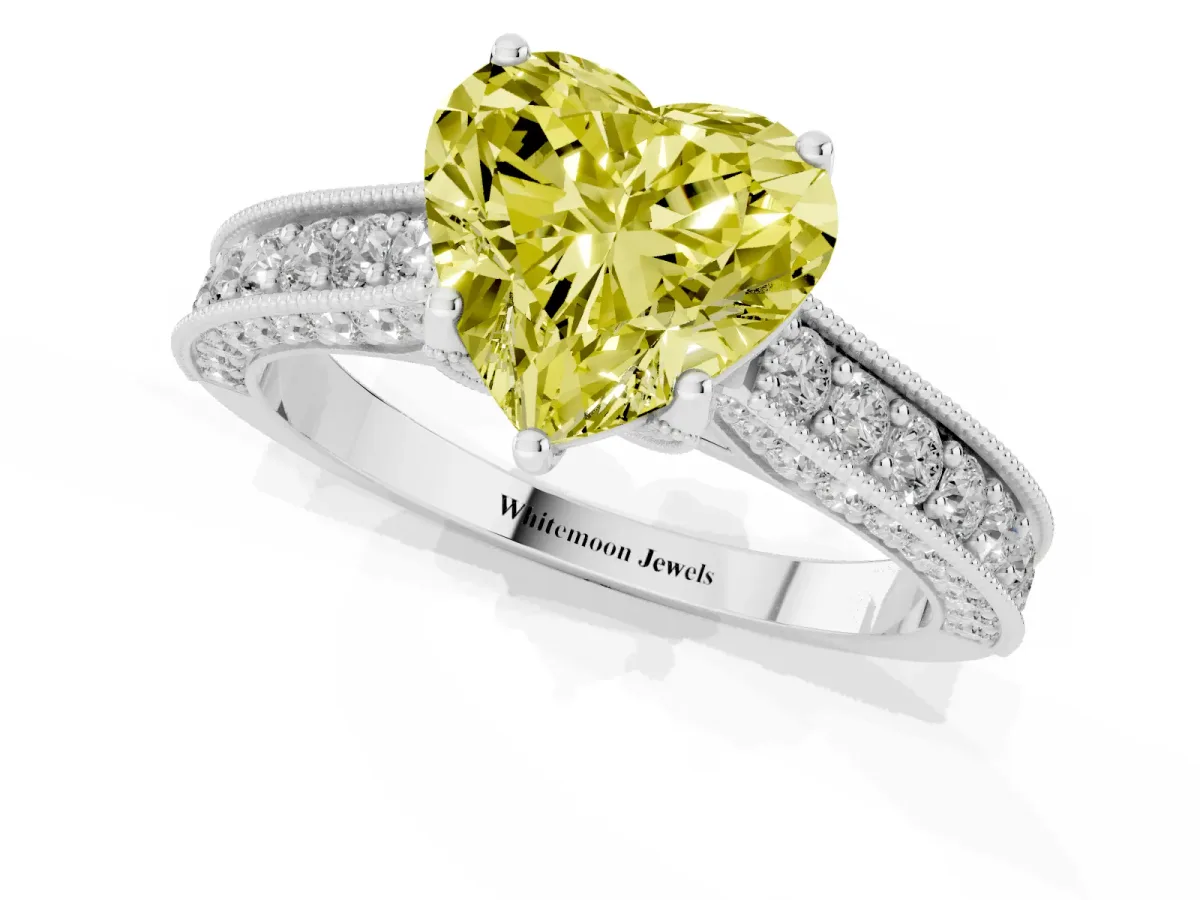 Fancy Yellow Heart Cut Cut Diamond Solitaire Ring with Milgrain Pave Band and Four Prong Setting Silver