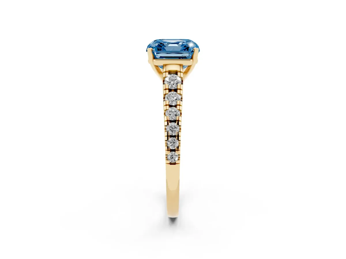 Fancy Blue Asscher Cut Diamond Cathedral Solitaire Ring with Round Pavé Band Yellow gold