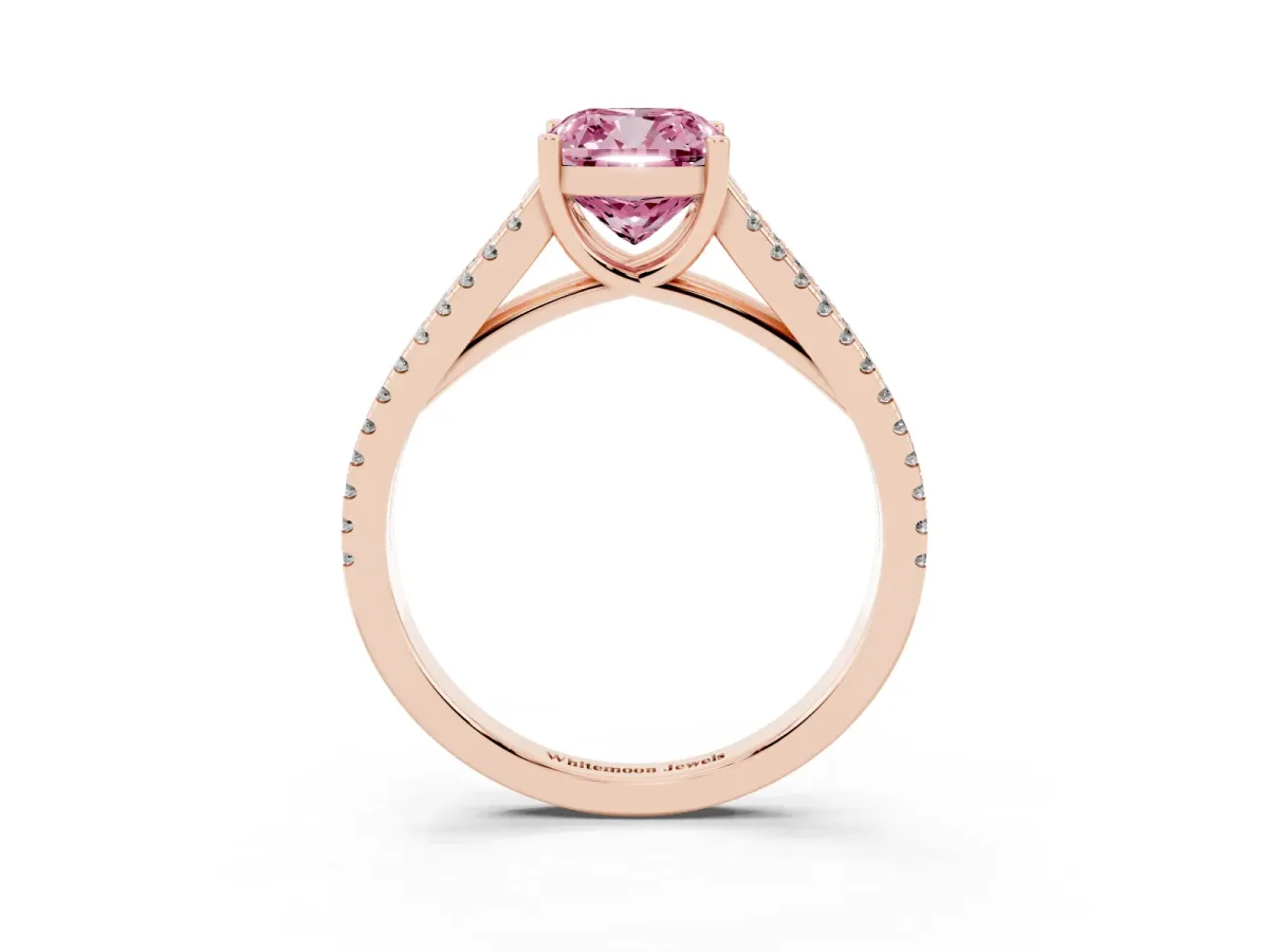 Fancy Pink Cushion Cut Diamond Solitaire Engagement Ring with Split Shank Pavé Band Rose gold