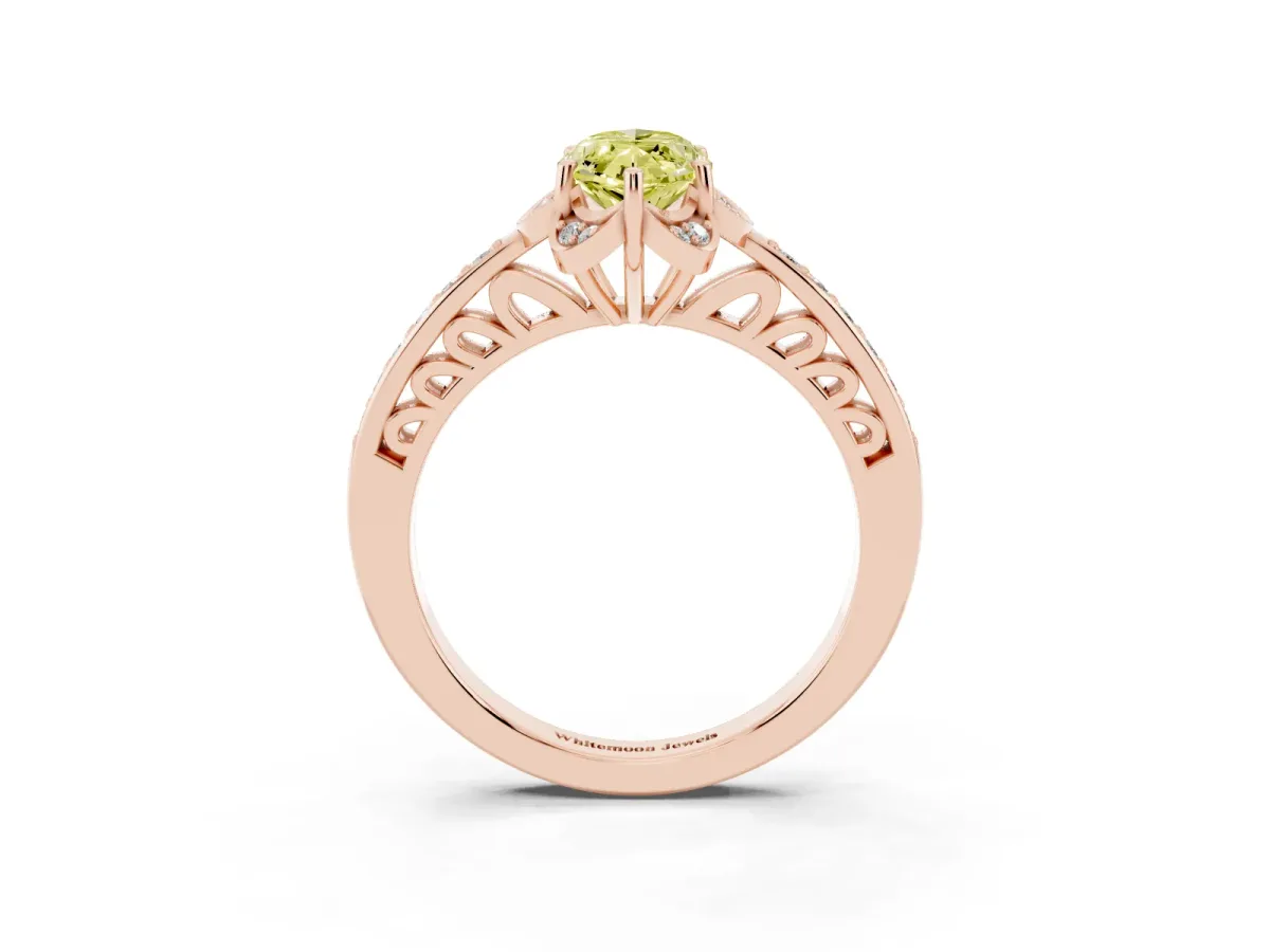 Fancy Yellow Marquise Cut Cut Halo Diamond Ring with Channel Set Band and Four-Prong Setting Rose gold