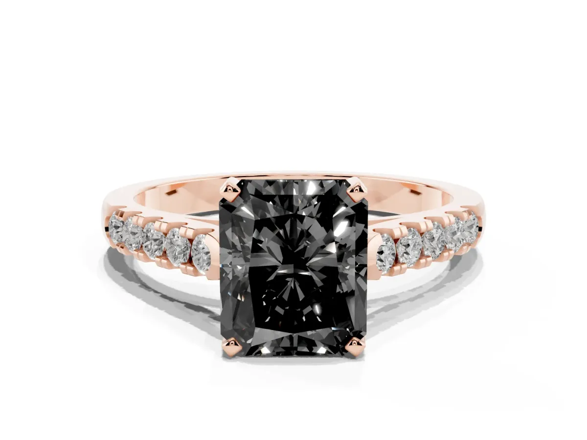 Fancy Black Radiant Cut Diamond Pavé Band Solitaire Ring with Prong Setting Rose gold
