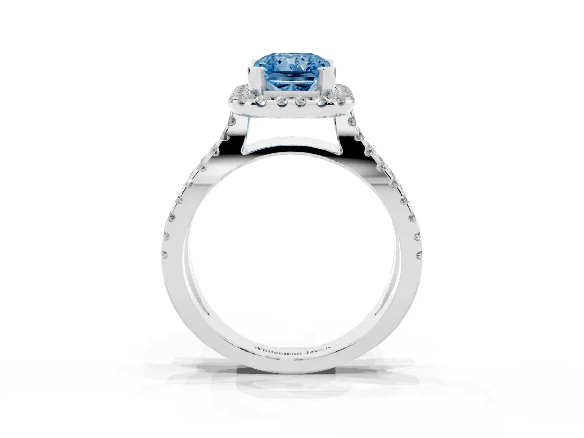 Fancy Blue Radiant Cut Diamond Halo Ring with Split Shank Pavé Band and Prong Setting Platinum